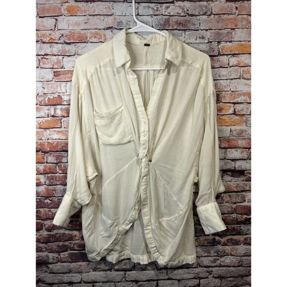free people tie waist cream 3/4 sleeve semi sheer top womens size xs - Picture 1 of 9